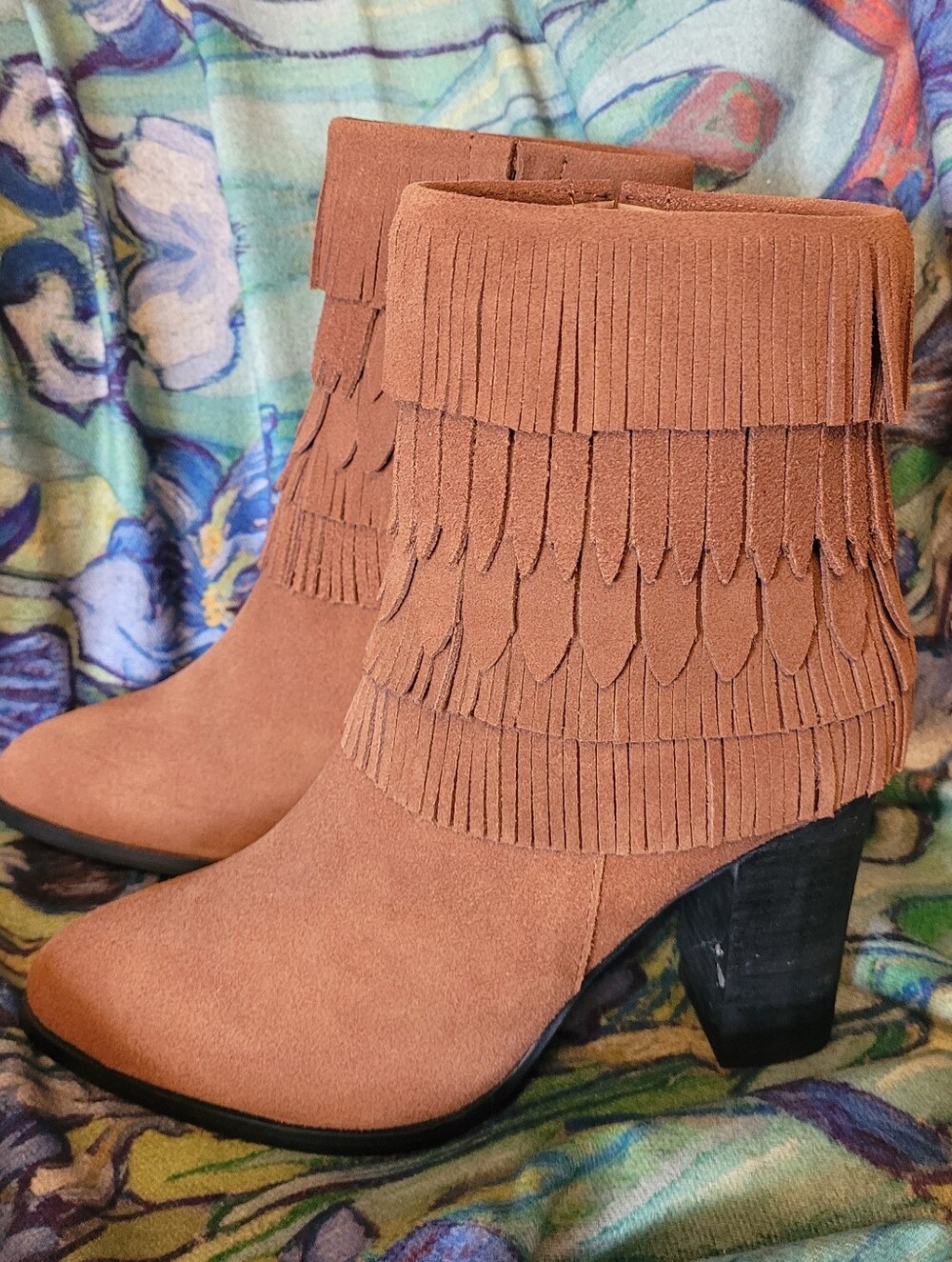 Catherine Malandrino Domenica Cognac Faux Suede Fringe Western Bohemian Booties